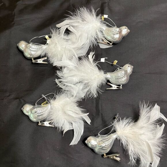 Set of Five Elegant Silver Glittery Bird Clip On Ornaments with Feathers - Picture 4 of 9